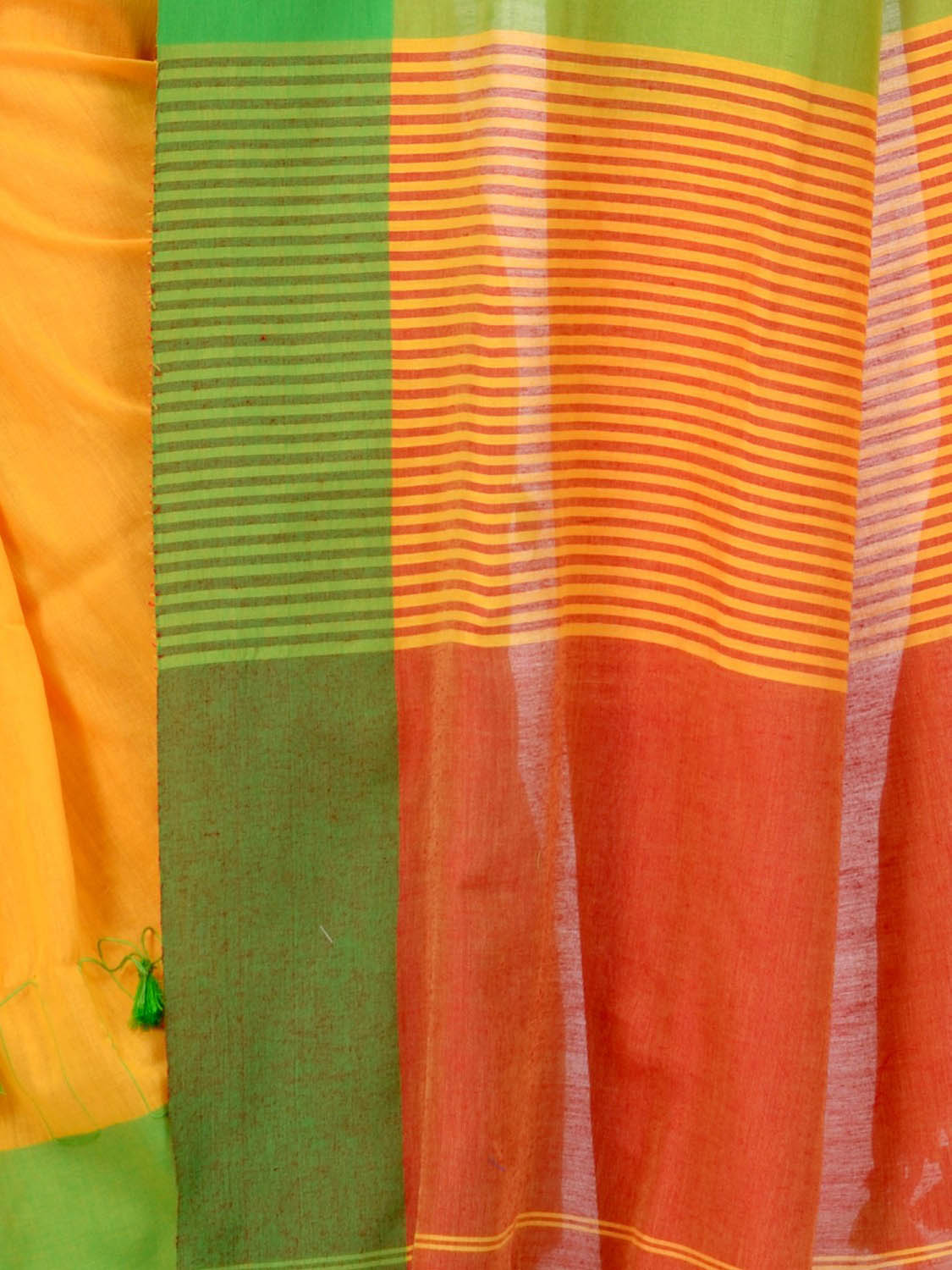 Women`s Traditional Bengali Handloom Tant Pure Cotton Saree with Pom Pom lace Designed With Blouse Piece (Green Yellow Red)